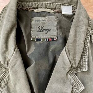 Army green large military jacket, rock, patches, skull embroidered, buttons.